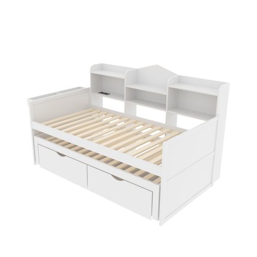 Lit Gigogne Lit Enfant En Bois 90x200/190 Cm, Prise USB Et 2 Tiroirs, Niches De Rangement, Blanc