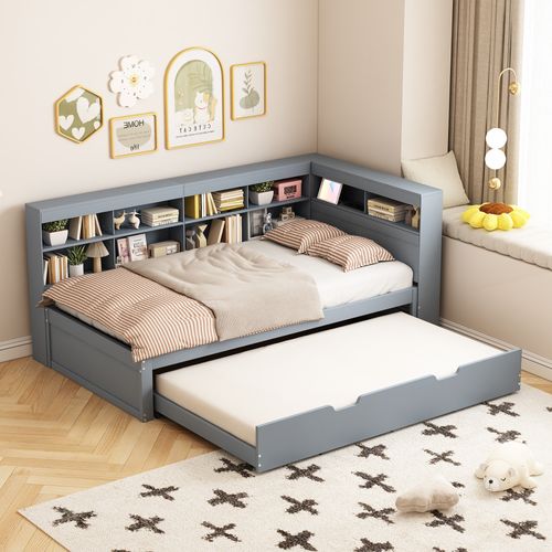 Lit Gigogne Lit Enfant En Bois 90x200/90x190 Cm, Avec Prise USB Et Niches De Rangement, Gris