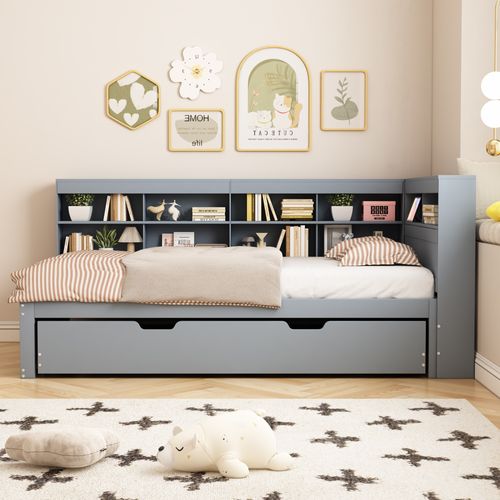 Lit Gigogne Lit Enfant En Bois 90x200/90x190 Cm, Avec Prise USB Et Niches De Rangement, Gris