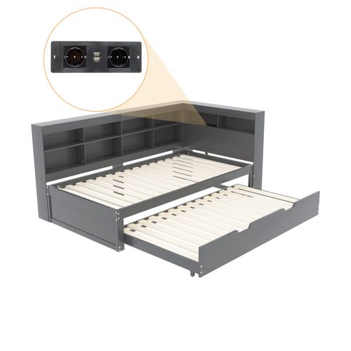 Lit Gigogne Lit Enfant En Bois 90x200/90x190 Cm, Avec Prise USB Et Niches De Rangement, Gris