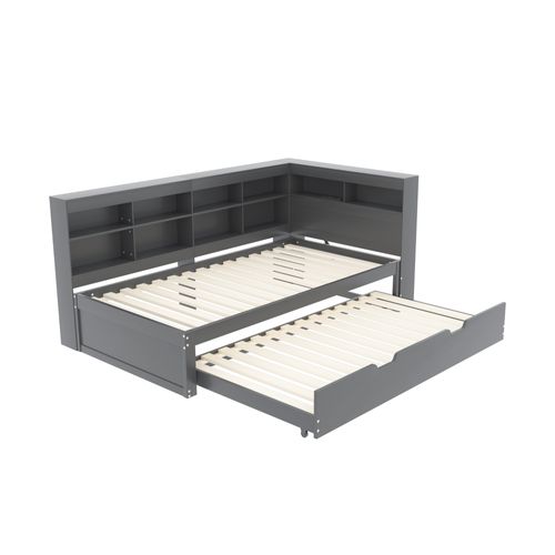 Lit Gigogne Lit Enfant En Bois 90x200/90x190 Cm, Avec Prise USB Et Niches De Rangement, Gris