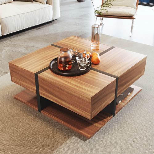 Table Basse 78x78x36 Cm, 4 Tiroirs, Espace De Rangement - Couleur Naturelle