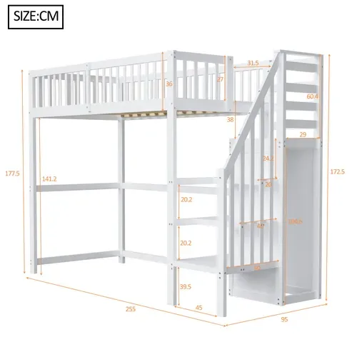 Lit Mezzanine Enfant En Bois 90x200 Avec Escalier Sécurisé, Étagère De Rangement, Blanc