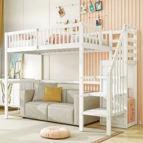Lit Mezzanine Enfant En Bois 90x200 Avec Escalier Sécurisé, Étagère De Rangement, Blanc