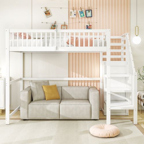 Lit Mezzanine Enfant En Bois 90x200 Avec Escalier Sécurisé, Étagère De Rangement, Blanc