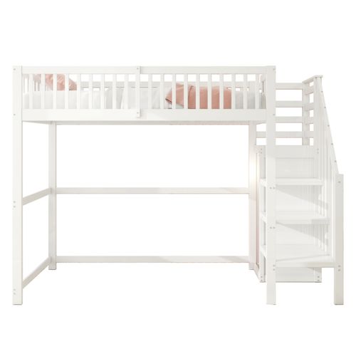 Lit Mezzanine Enfant En Bois 90x200 Avec Escalier Sécurisé, Étagère De Rangement, Blanc