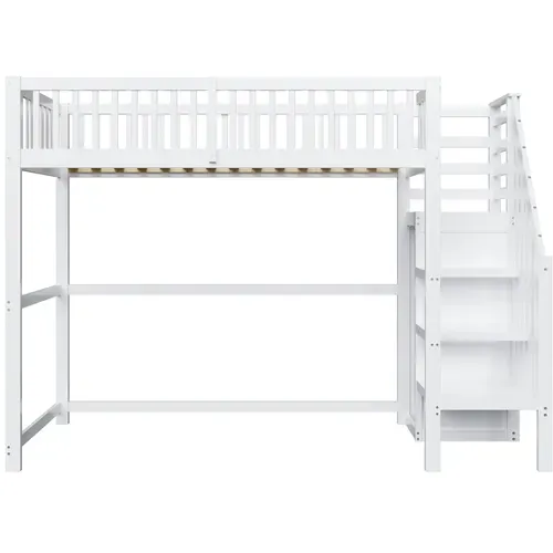Lit Mezzanine Enfant En Bois 90x200 Avec Escalier Sécurisé, Étagère De Rangement, Blanc