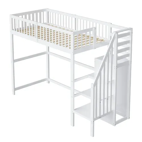 Lit Mezzanine Enfant En Bois 90x200 Avec Escalier Sécurisé, Étagère De Rangement, Blanc