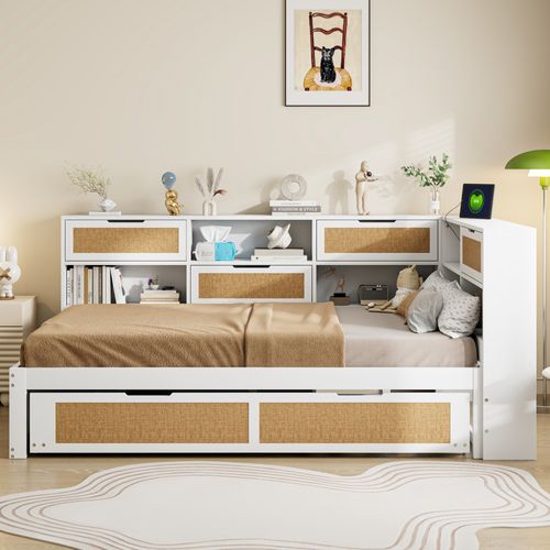 Lit Double Lit Gigogne 140 X 200cm En Bois,  Avec Nombreux Rangements, Port De Charge, Blanc