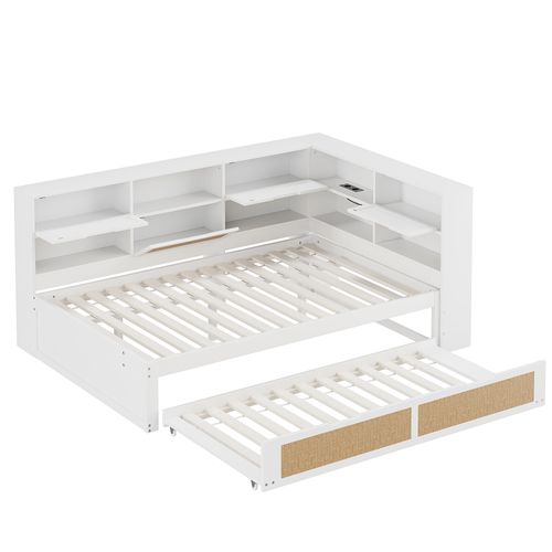 Lit Double Lit Gigogne 140 X 200cm En Bois,  Avec Nombreux Rangements, Port De Charge, Blanc