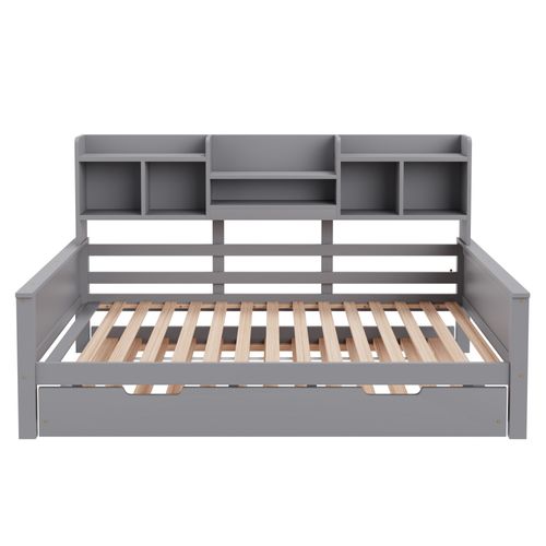 Lit Gigogne 90x200/90x190 Cm, Lit De Repos En Bois, Avec Compartiments De Rangement, Gris