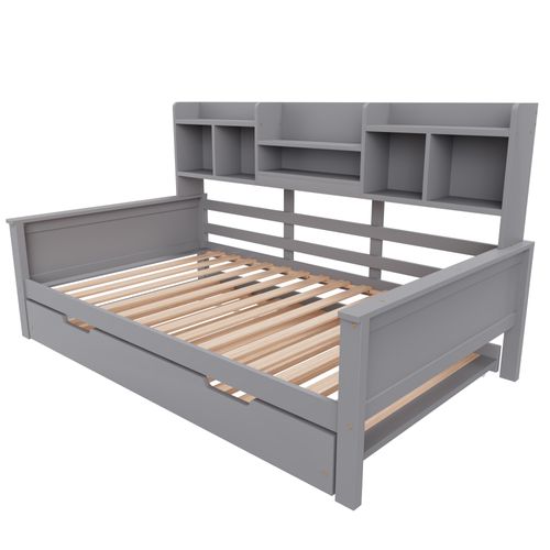 Lit Gigogne 90x200/90x190 Cm, Lit De Repos En Bois, Avec Compartiments De Rangement, Gris