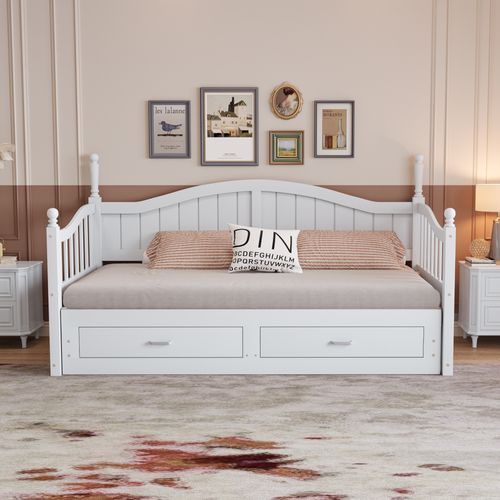 Lit Gigogne 90/180 X 190cm, Lit De Repos En Pin, Design Colonnes Romaines, 2 Tiroirs, Blanc