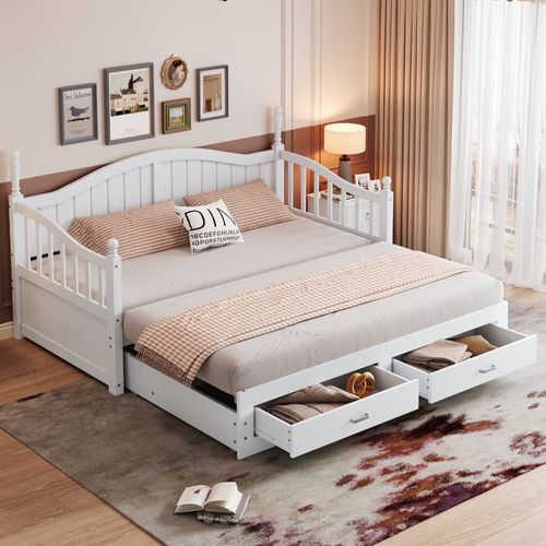 Lit Gigogne 90/180 X 190cm, Lit De Repos En Pin, Design Colonnes Romaines, 2 Tiroirs, Blanc