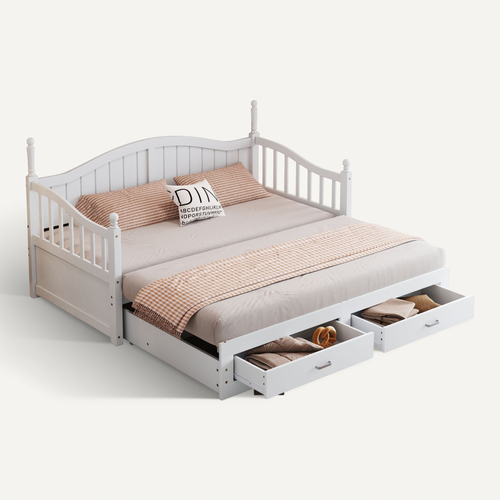 Lit Gigogne 90/180 X 190cm, Lit De Repos En Pin, Design Colonnes Romaines, 2 Tiroirs, Blanc