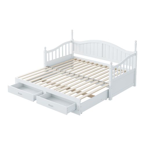 Lit Gigogne 90/180 X 190cm, Lit De Repos En Pin, Design Colonnes Romaines, 2 Tiroirs, Blanc