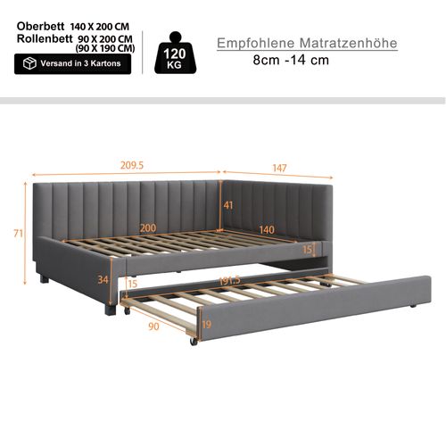 Canapé-lit Double 140x200 Cm Avec Lit Gigogne 90x190 – Tissu Lin, éclairage LED, Sommier Lattes – Gris, Sans Matelas