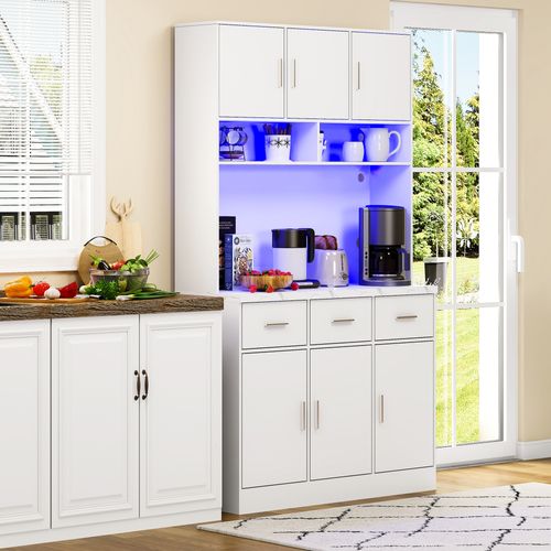 Buffet Cuisine 100x40x180cm LED – Blanc Rangement Haut Étagères Réglables