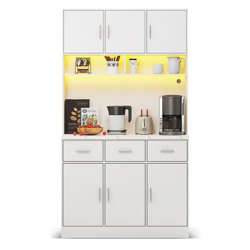Buffet Cuisine 100x40x180cm LED – Blanc Rangement Haut Étagères Réglables