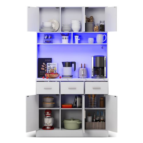 Buffet Cuisine 100x40x180cm LED – Blanc Rangement Haut Étagères Réglables