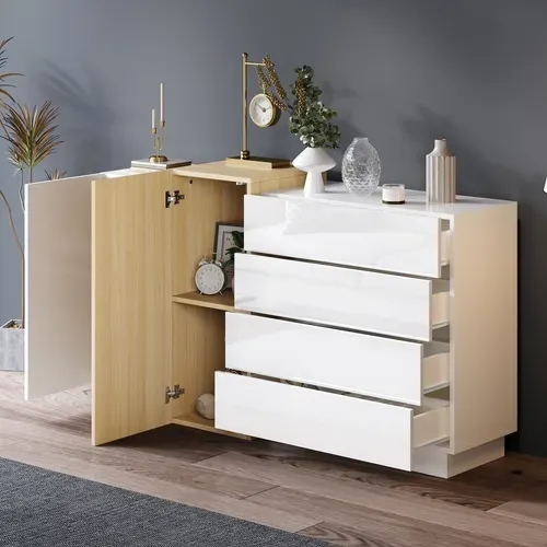 Buffet Cuisine Brillant 140x35x76.5cm 2 Portes 4 Tiroirs – Blanc Naturel