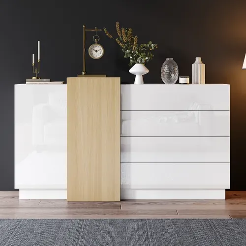 Buffet Cuisine Brillant 140x35x76.5cm 2 Portes 4 Tiroirs – Blanc Naturel