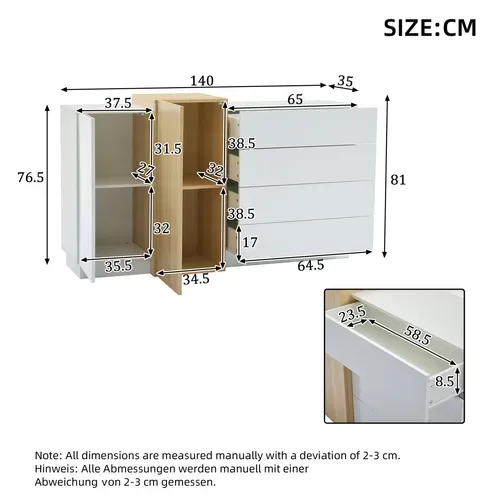 Buffet Cuisine Brillant 140x35x76.5cm 2 Portes 4 Tiroirs – Blanc Naturel