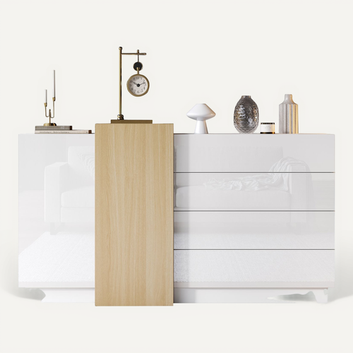 Buffet Cuisine Brillant 140x35x76.5cm 2 Portes 4 Tiroirs – Blanc Naturel