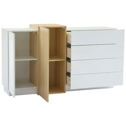 Buffet Cuisine Brillant 140x35x76.5cm 2 Portes 4 Tiroirs – Blanc Naturel