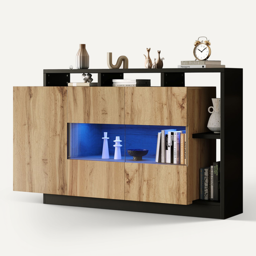 Buffet LED 140x44x94cm 3 Portes Mdf+acrylique – Rangement Cuisine