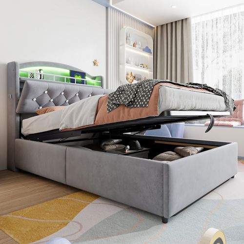 Lit Enfant Coffre 90x200 Cm – Système Hydraulique, Rangement Intégré, Bord Relevé Souple – Velours Gris, Charge 150 Kg - 12