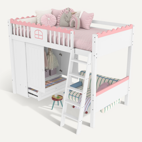 Lit Cabane Enfant 90x200 Cm Avec LED - Lit Mezzanine Forme Maison, Fenêtre, 4 Tiroirs De Rangement, Échelle Intégrée, Blanc