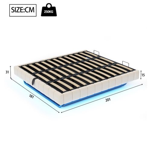 Lit Coffre Lit Adulte 180 X 200 Cm, Avec LED, Cadre De Lit Flottant, Sans Tête De Lit, Lin Beige
