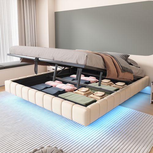 Lit Coffre Lit Adulte 180 X 200 Cm, Avec LED, Cadre De Lit Flottant, Sans Tête De Lit, Lin Beige