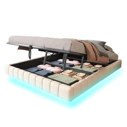 Lit Coffre Lit Adulte 180 X 200 Cm, Avec LED, Cadre De Lit Flottant, Sans Tête De Lit, Lin Beige