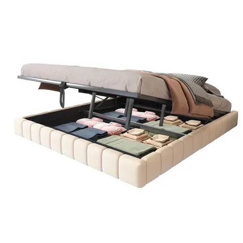 Lit Coffre Lit Adulte 180 X 200 Cm, Avec LED, Cadre De Lit Flottant, Sans Tête De Lit, Lin Beige