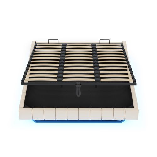 Lit Coffre Lit Adulte 180 X 200 Cm, Avec LED, Cadre De Lit Flottant, Sans Tête De Lit, Lin Beige