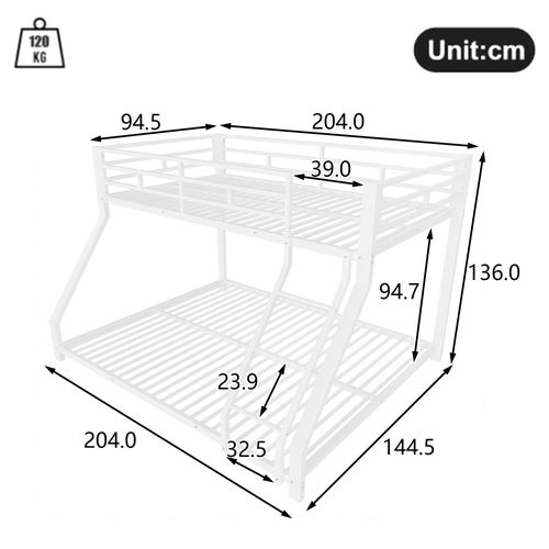 Lit Superposé, 90x200 Cm+140x200 Cm, Avec Clôture Anti-chute Et Escaliers, Cadre En Fer, Blanc