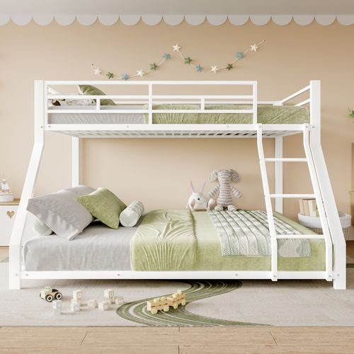 Lit Superposé, 90x200 Cm+140x200 Cm, Avec Clôture Anti-chute Et Escaliers, Cadre En Fer, Blanc