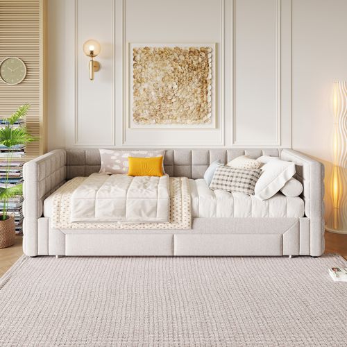 Lit Gigogne 90/180×200 Cm, Lit Simple/lit Double Lit De Repos, Avec 2 Tiroirs, Beige
