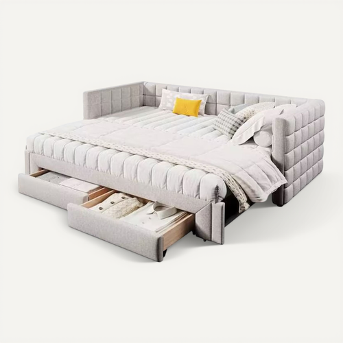 Lit Gigogne 90/180×200 Cm, Lit Simple/lit Double Lit De Repos, Avec 2 Tiroirs, Beige