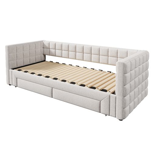 Lit Gigogne 90/180×200 Cm, Lit Simple/lit Double Lit De Repos, Avec 2 Tiroirs, Beige