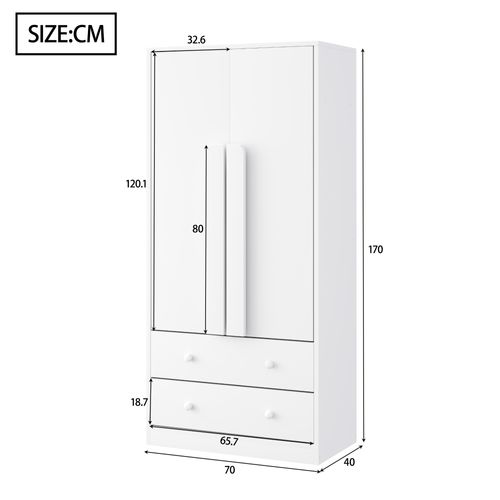 Armoire Enfant 70x40x170cm, 2 Portes Avec 2 Tiroirs Et Compartiments De Rangement, Mdf, Blanche