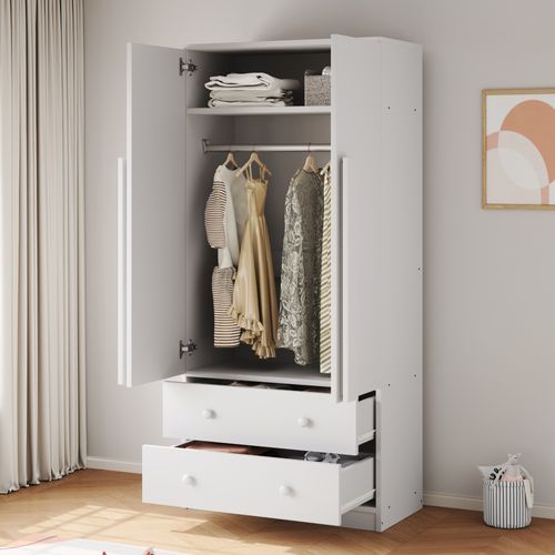 Armoire Enfant 70x40x170cm, 2 Portes Avec 2 Tiroirs Et Compartiments De Rangement, Mdf, Blanche