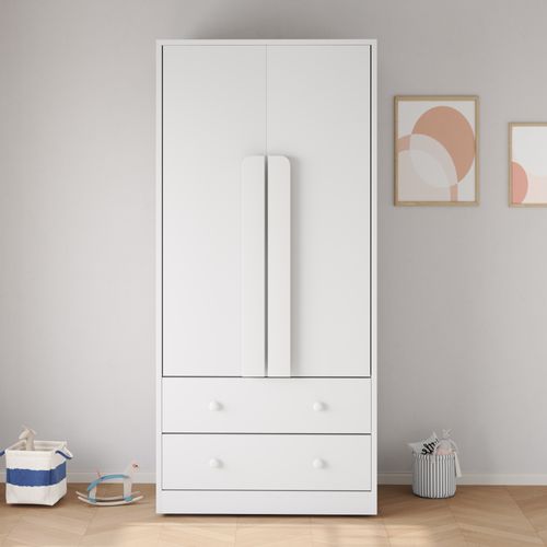 Armoire Enfant 70x40x170cm, 2 Portes Avec 2 Tiroirs Et Compartiments De Rangement, Mdf, Blanche