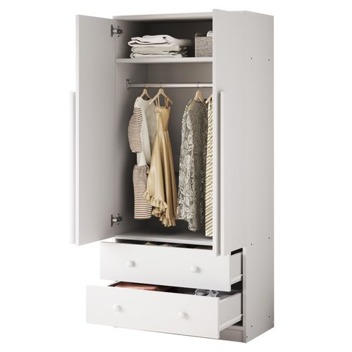 Armoire Enfant 70x40x170cm, 2 Portes Avec 2 Tiroirs Et Compartiments De Rangement, Mdf, Blanche
