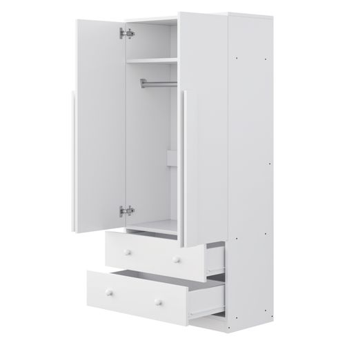 Armoire Enfant 70x40x170cm, 2 Portes Avec 2 Tiroirs Et Compartiments De Rangement, Mdf, Blanche