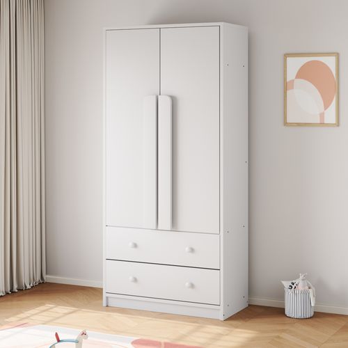 Armoire Enfant 70x40x170cm, 2 Portes Avec 2 Tiroirs Et Compartiments De Rangement, Mdf, Blanche