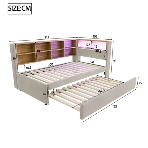 Lit Enfant Lit Gigogne 90x200/90x190cm, Avec LED, Prises Et Nombreux Rangements, Flanelle Gris Clair