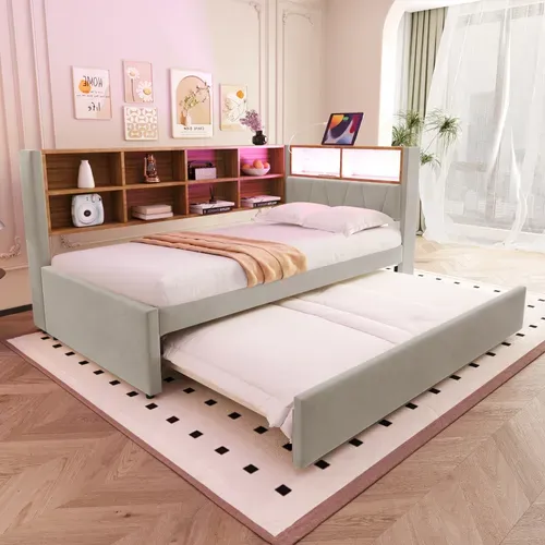 Lit Enfant Lit Gigogne 90x200/90x190cm, Avec LED, Prises Et Nombreux Rangements, Flanelle Gris Clair